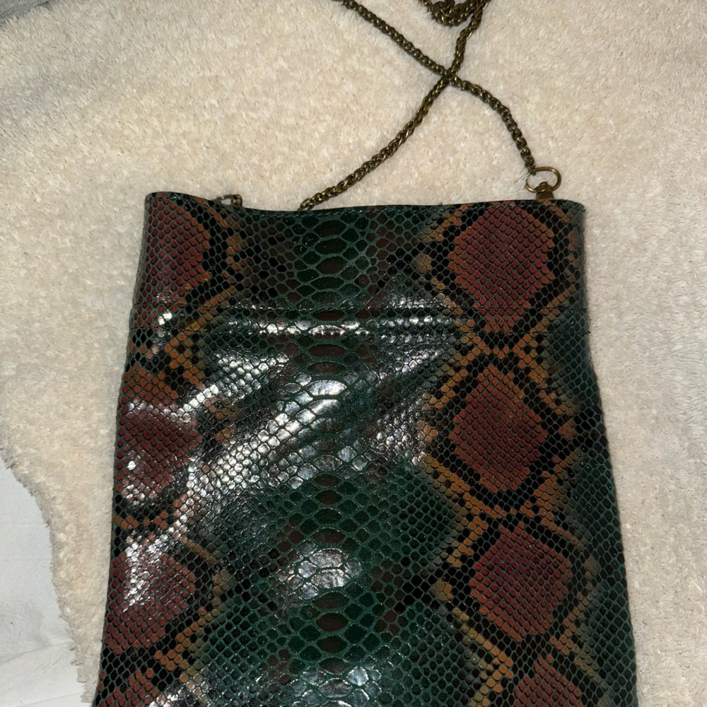 Free People Green and Brown Snake-Print Chain Crossbody